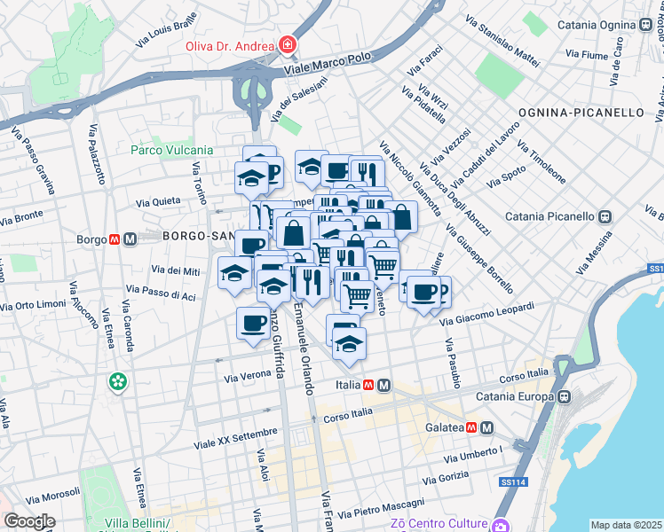 map of restaurants, bars, coffee shops, grocery stores, and more near 68 Via Cagliari in Catania