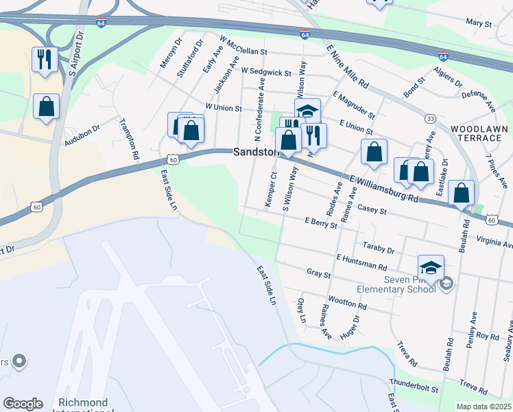 map of restaurants, bars, coffee shops, grocery stores, and more near 12 West Berry Street in Sandston