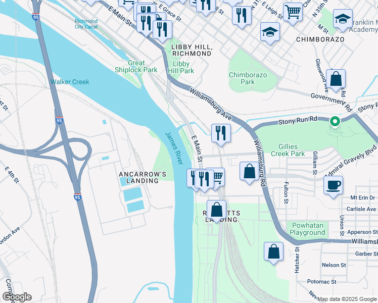 map of restaurants, bars, coffee shops, grocery stores, and more near 3101 Wharf St in Richmond