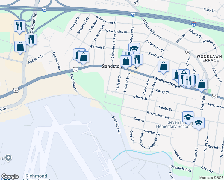 map of restaurants, bars, coffee shops, grocery stores, and more near 12 West Berry Street in Sandston