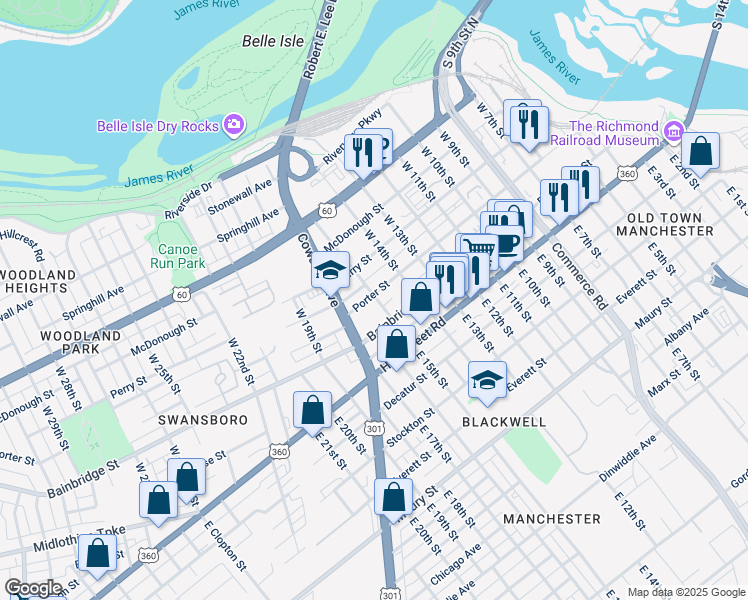 map of restaurants, bars, coffee shops, grocery stores, and more near 1500 Porter Street in Richmond