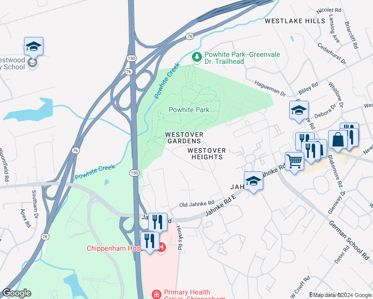 map of restaurants, bars, coffee shops, grocery stores, and more near 6831 Westcott Drive in Richmond