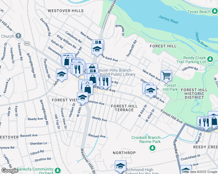 map of restaurants, bars, coffee shops, grocery stores, and more near 4617 Forest Hill Avenue in Richmond