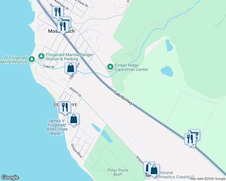 map of restaurants, bars, coffee shops, grocery stores, and more near 9713 Cabrillo Highway in Half Moon Bay