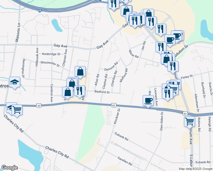 map of restaurants, bars, coffee shops, grocery stores, and more near 4905 Clayton Road in Richmond