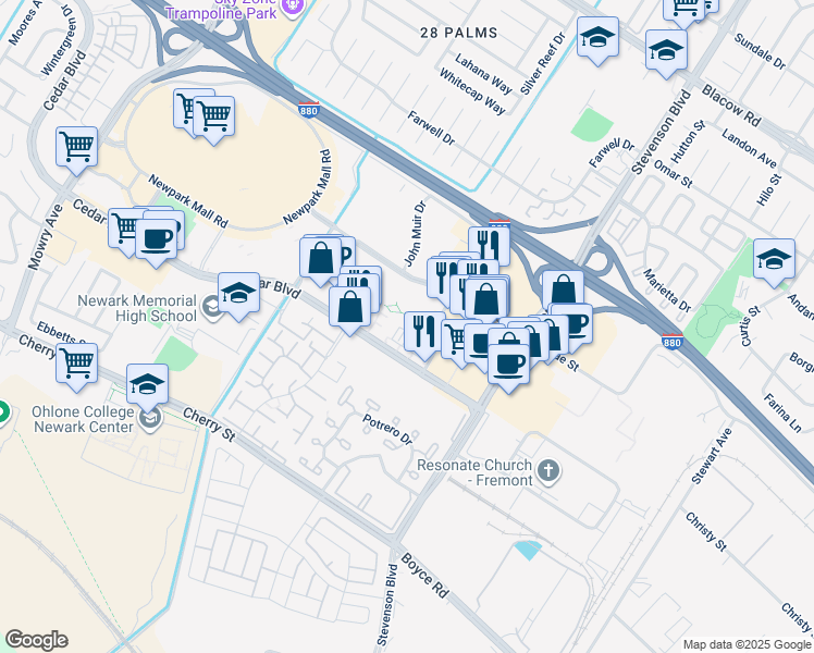 map of restaurants, bars, coffee shops, grocery stores, and more near 39852 Sawyer Terrace in Newark