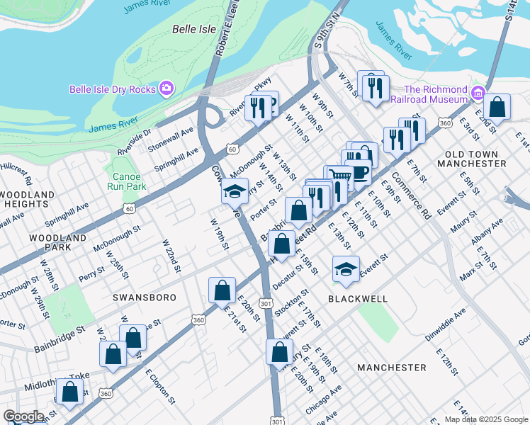 map of restaurants, bars, coffee shops, grocery stores, and more near 1512 Porter Street in Richmond