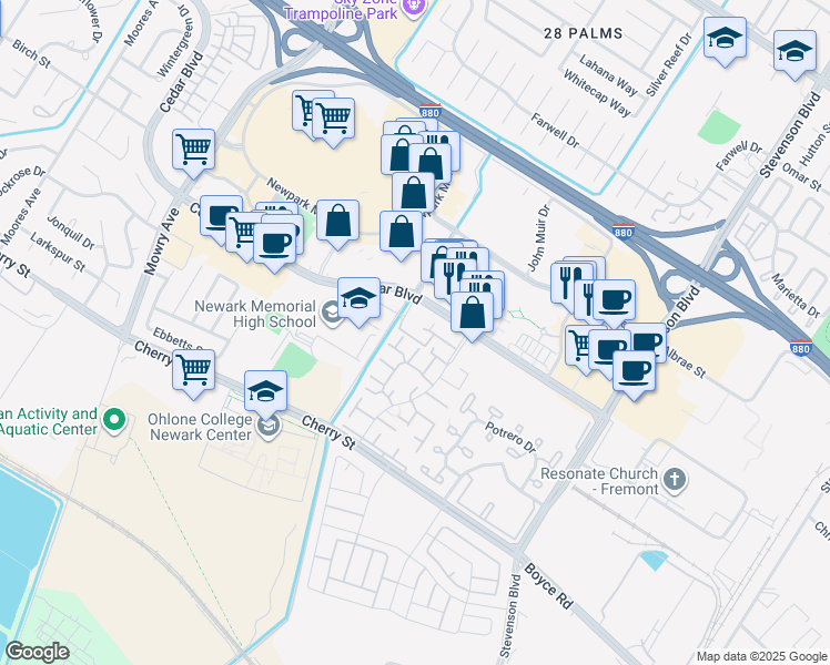 map of restaurants, bars, coffee shops, grocery stores, and more near 6023 Cedar Boulevard in Newark