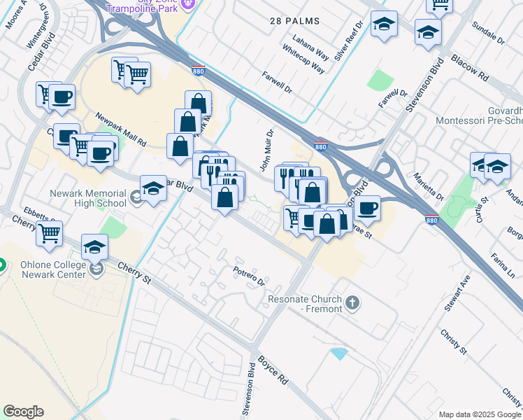 map of restaurants, bars, coffee shops, grocery stores, and more near 39852 Sawyer Terrace in Newark