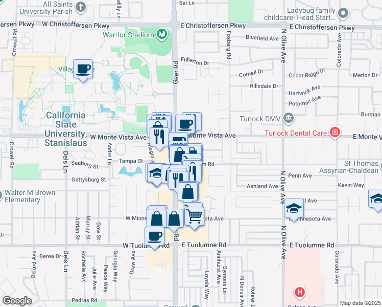 map of restaurants, bars, coffee shops, grocery stores, and more near 110 Hayes Drive in Turlock