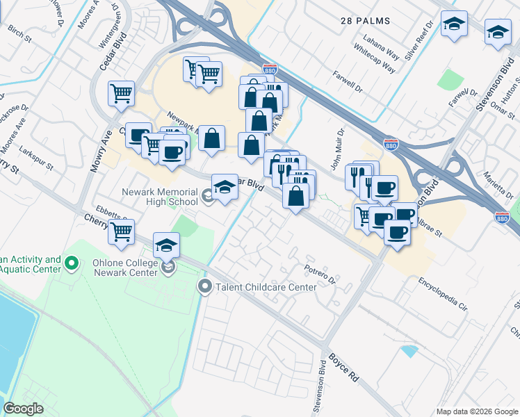 map of restaurants, bars, coffee shops, grocery stores, and more near 6023 Cedar Boulevard in Newark