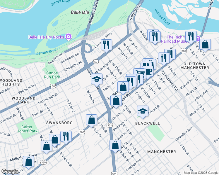 map of restaurants, bars, coffee shops, grocery stores, and more near 1508 Porter Street in Richmond