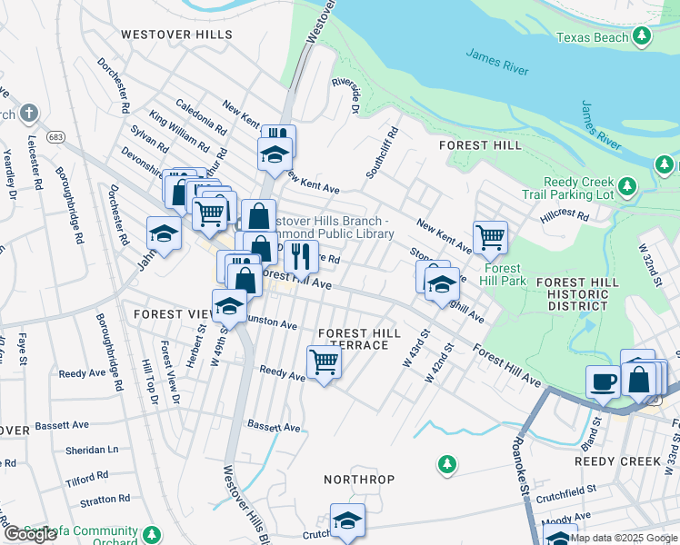 map of restaurants, bars, coffee shops, grocery stores, and more near 1404 Cedar Lane in Richmond