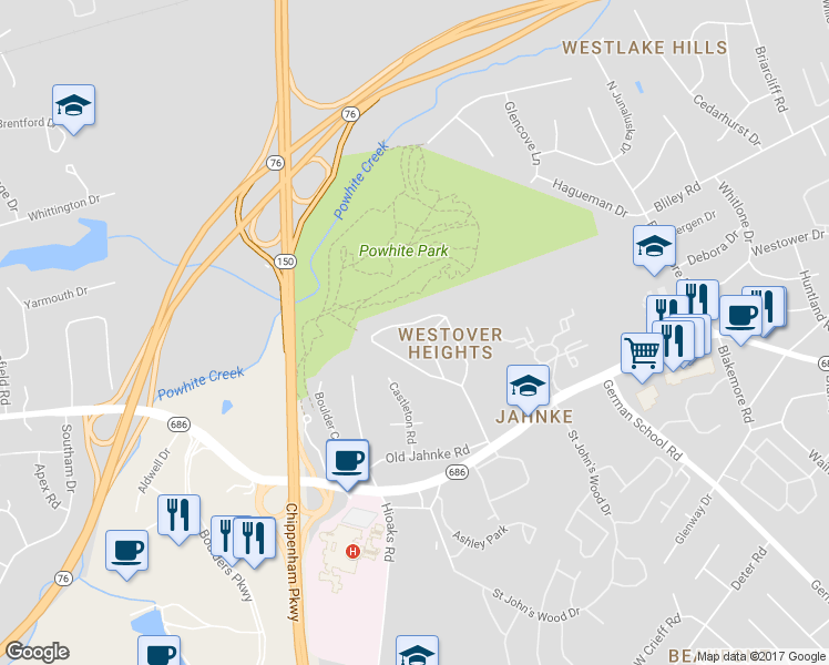 map of restaurants, bars, coffee shops, grocery stores, and more near 6821 Westcott Drive in Richmond