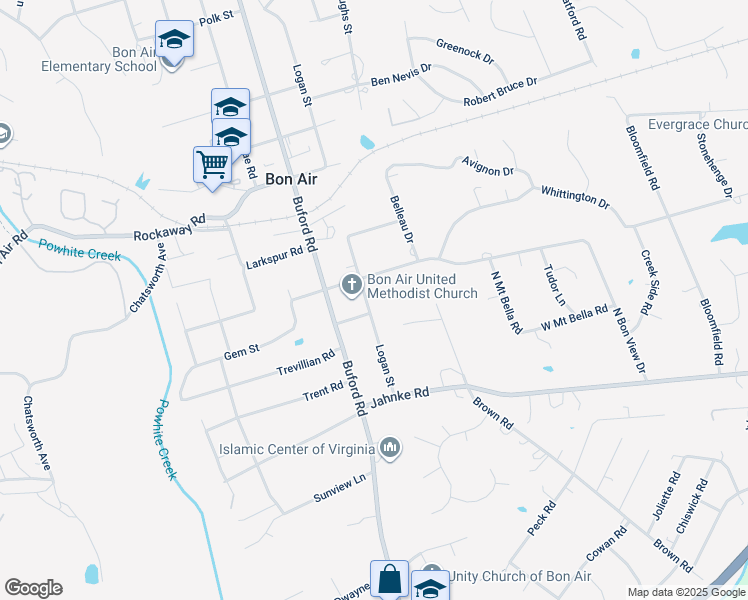 map of restaurants, bars, coffee shops, grocery stores, and more near 1611 Logan Street in Bon Air
