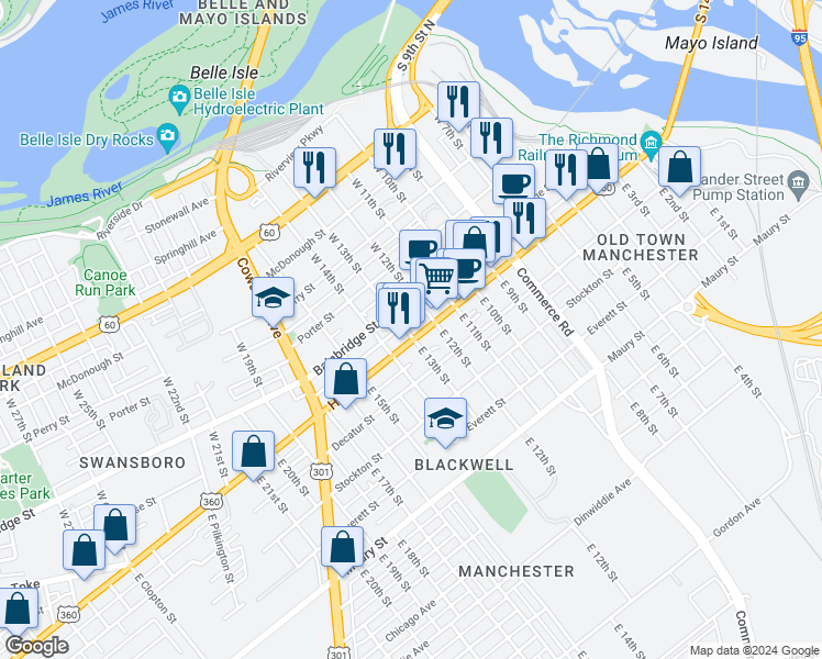 map of restaurants, bars, coffee shops, grocery stores, and more near 1229 Hull Street in Richmond