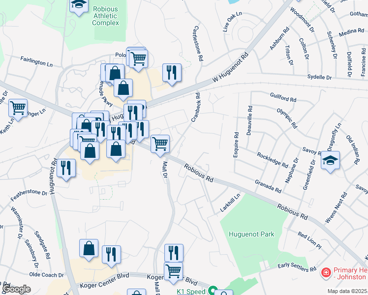 map of restaurants, bars, coffee shops, grocery stores, and more near 2105 Cranbeck Road in Richmond