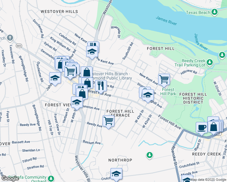 map of restaurants, bars, coffee shops, grocery stores, and more near 1404 Cedar Lane in Richmond