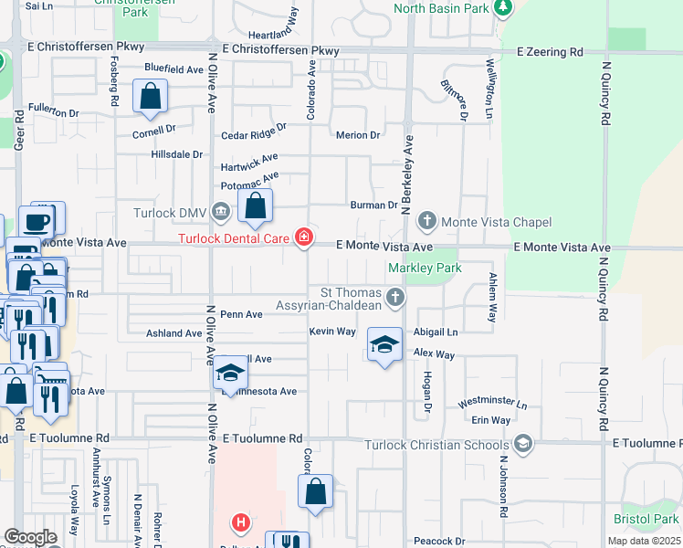 map of restaurants, bars, coffee shops, grocery stores, and more near 3033 Village Park Court in Turlock