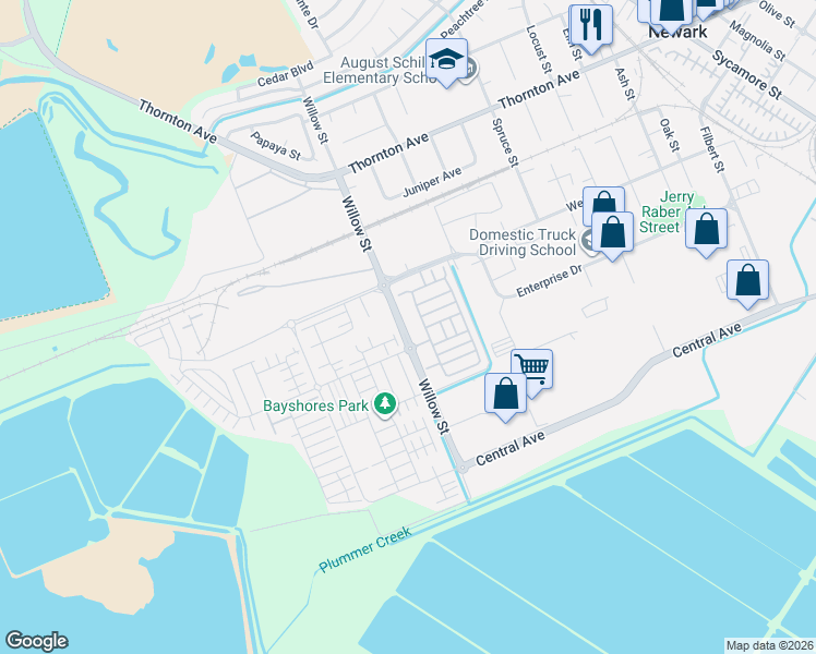 map of restaurants, bars, coffee shops, grocery stores, and more near 37541 Bay Crest Road in Newark