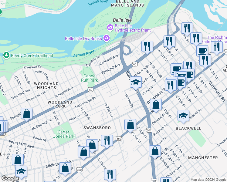 map of restaurants, bars, coffee shops, grocery stores, and more near 2028 Tobacco Mill Street in Richmond
