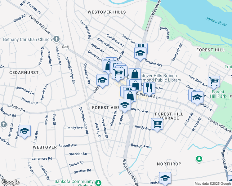 map of restaurants, bars, coffee shops, grocery stores, and more near 5016 Boscobel Avenue in Richmond