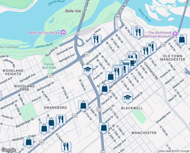 map of restaurants, bars, coffee shops, grocery stores, and more near 1509 Porter Street in Richmond