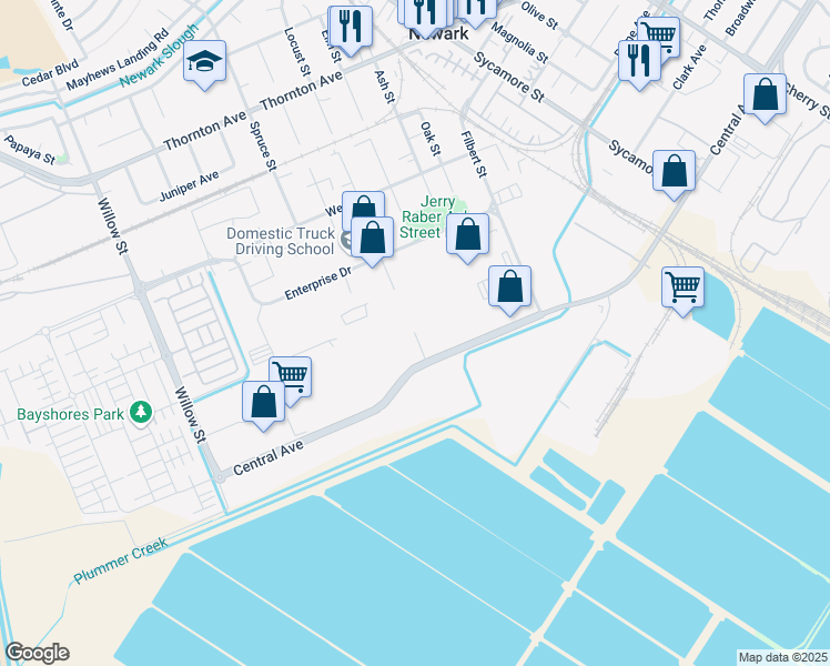 map of restaurants, bars, coffee shops, grocery stores, and more near Central Court in Newark