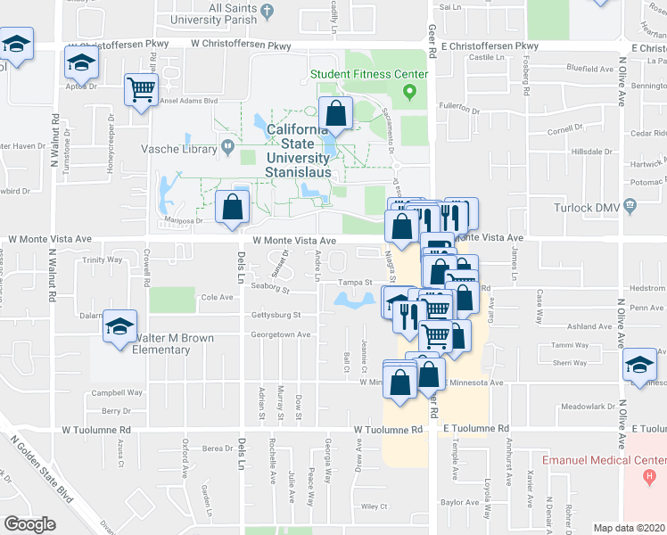 map of restaurants, bars, coffee shops, grocery stores, and more near 3100 Andre Lane in Turlock