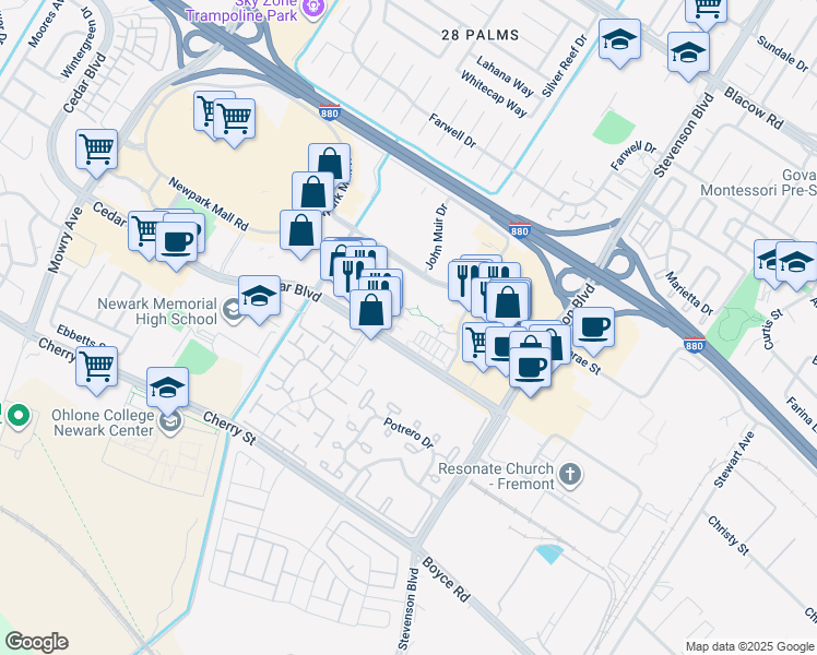 map of restaurants, bars, coffee shops, grocery stores, and more near 39802 Cedar Boulevard in Newark