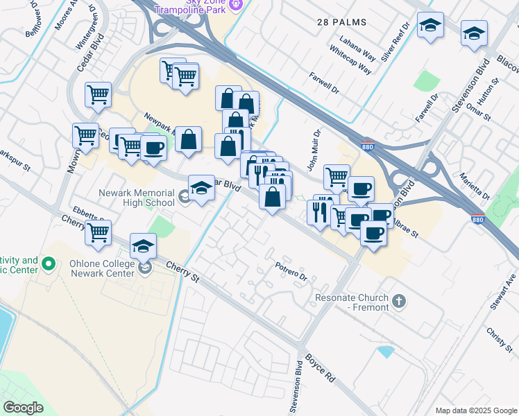 map of restaurants, bars, coffee shops, grocery stores, and more near 6023 Cedar Boulevard in Newark