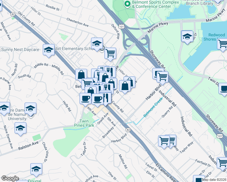 map of restaurants, bars, coffee shops, grocery stores, and more near 1050 Elmer Street in Belmont