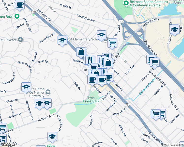 map of restaurants, bars, coffee shops, grocery stores, and more near in Belmont