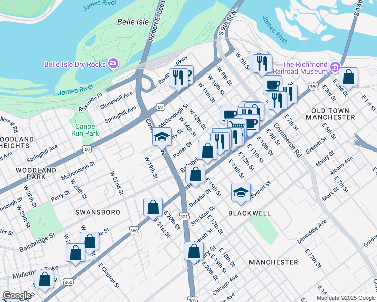map of restaurants, bars, coffee shops, grocery stores, and more near 1420 Porter Street in Richmond