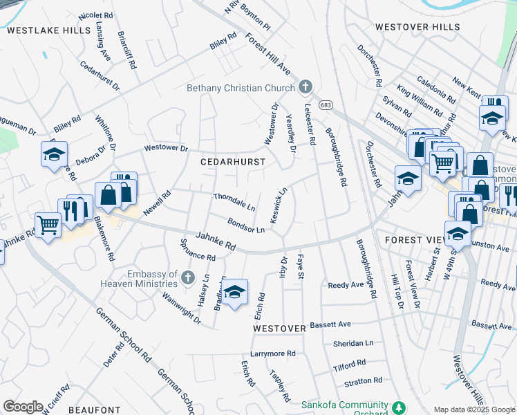 map of restaurants, bars, coffee shops, grocery stores, and more near 5701 Acorn Lane in Richmond