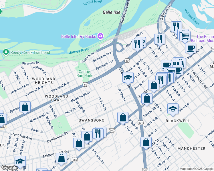 map of restaurants, bars, coffee shops, grocery stores, and more near 2028 Tobacco Mill Street in Richmond