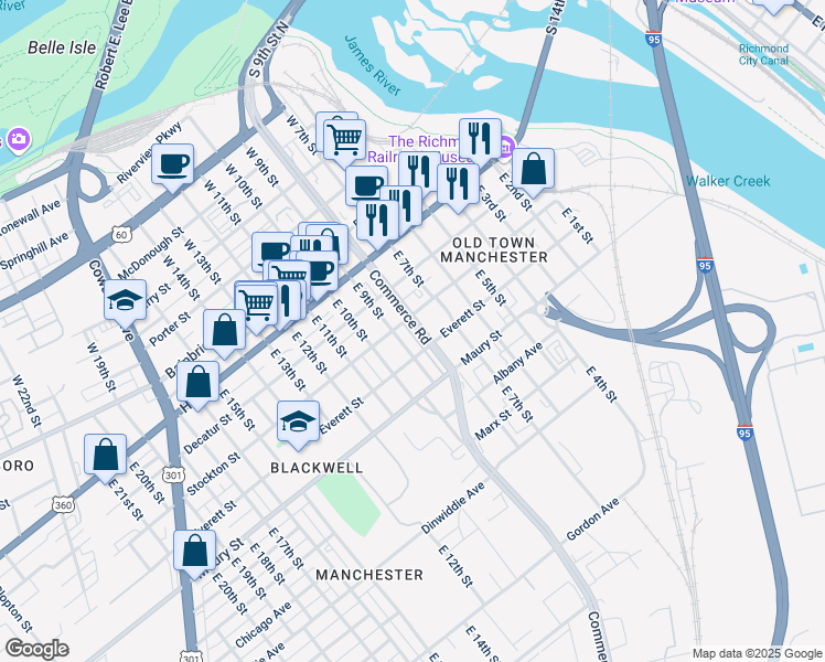 map of restaurants, bars, coffee shops, grocery stores, and more near 209 Commerce Road in Richmond