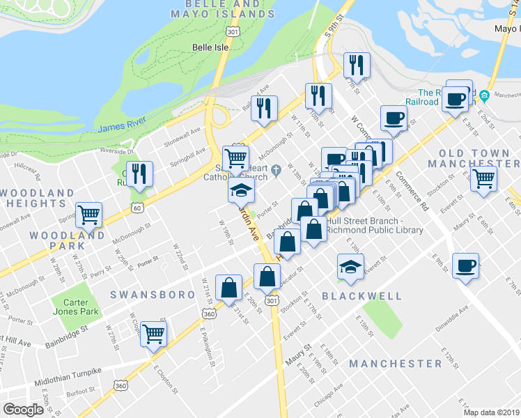 map of restaurants, bars, coffee shops, grocery stores, and more near 1509 Porter Street in Richmond