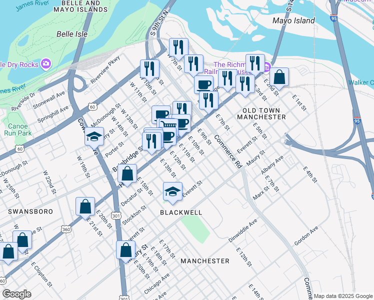 map of restaurants, bars, coffee shops, grocery stores, and more near 1025 Decatur Street in Richmond