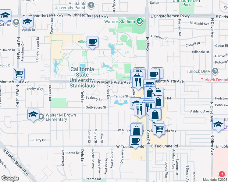map of restaurants, bars, coffee shops, grocery stores, and more near 3100 Andre Lane in Turlock