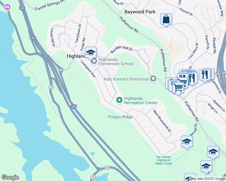map of restaurants, bars, coffee shops, grocery stores, and more near 1728 Yorktown Road in San Mateo