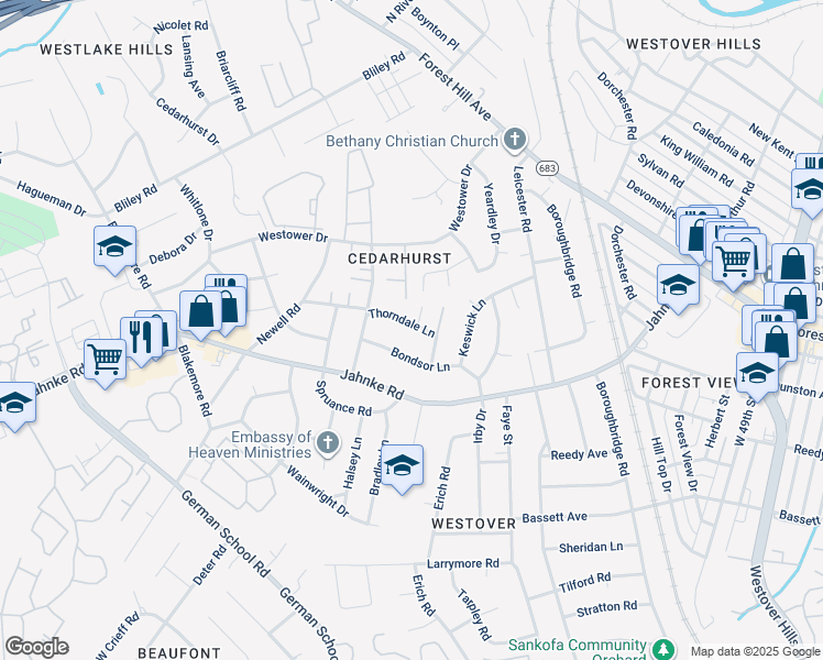 map of restaurants, bars, coffee shops, grocery stores, and more near 5719 Thorndale Lane in Richmond