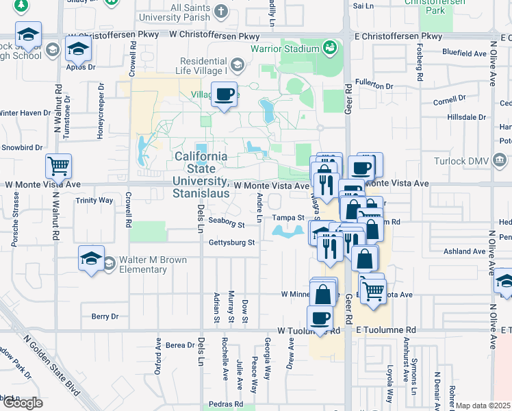 map of restaurants, bars, coffee shops, grocery stores, and more near 3117 Andre Lane in Turlock