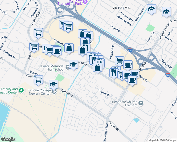 map of restaurants, bars, coffee shops, grocery stores, and more near 6039 Joaquin Murieta Avenue in Newark