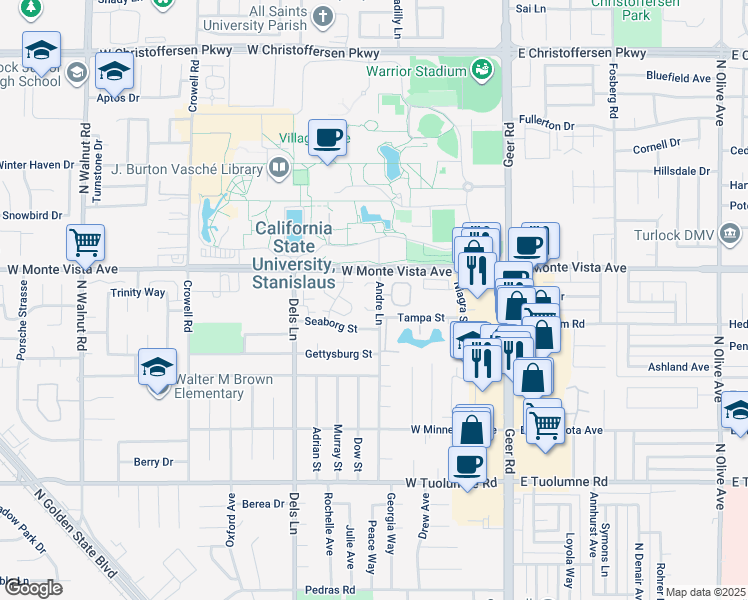 map of restaurants, bars, coffee shops, grocery stores, and more near 3117 Andre Lane in Turlock