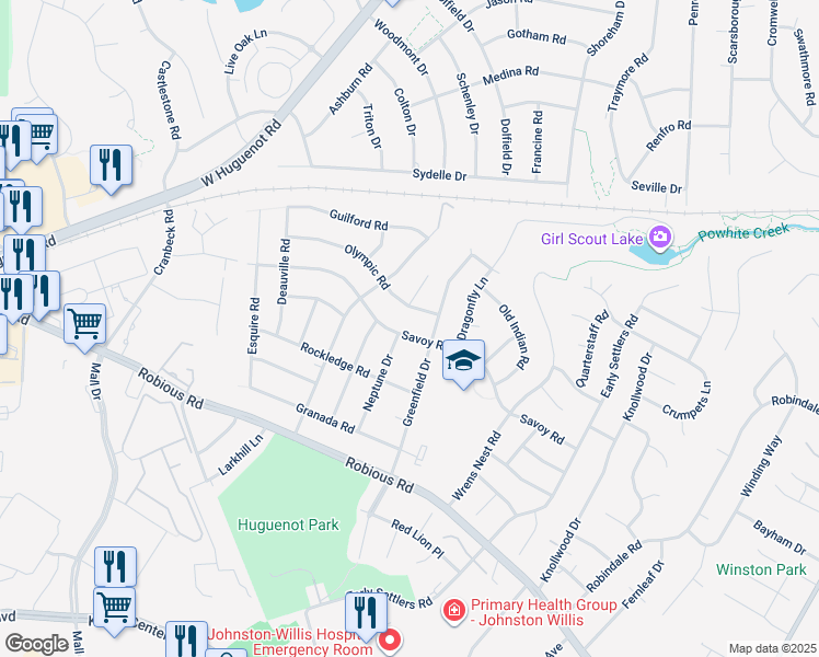 map of restaurants, bars, coffee shops, grocery stores, and more near 10818 Savoy Road in Richmond