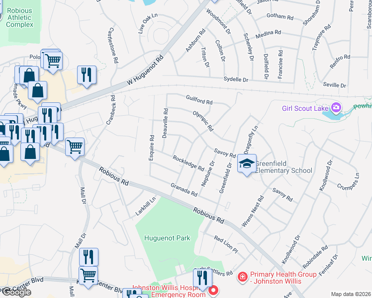 map of restaurants, bars, coffee shops, grocery stores, and more near 2041 Woodmont Drive in Richmond