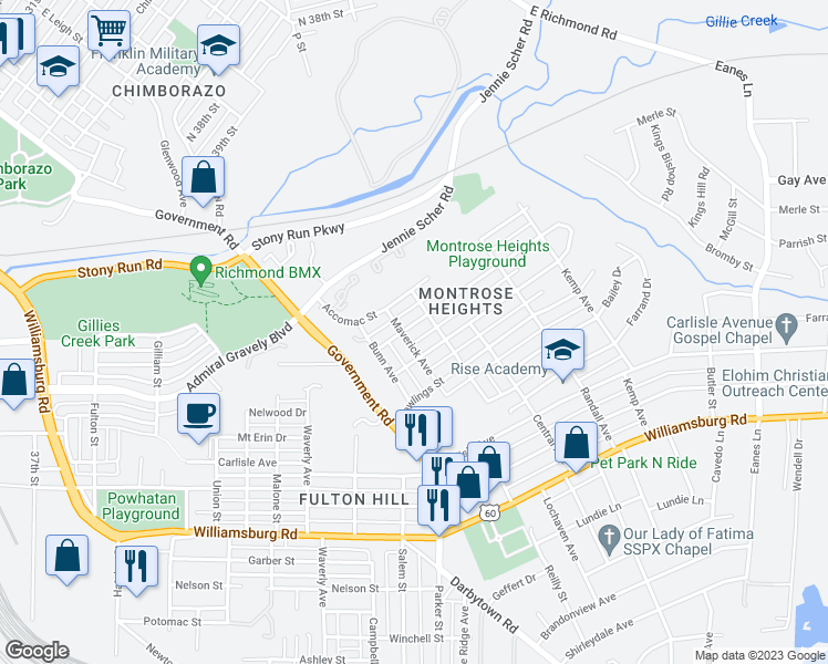 map of restaurants, bars, coffee shops, grocery stores, and more near 1803 Fenton Street in Richmond