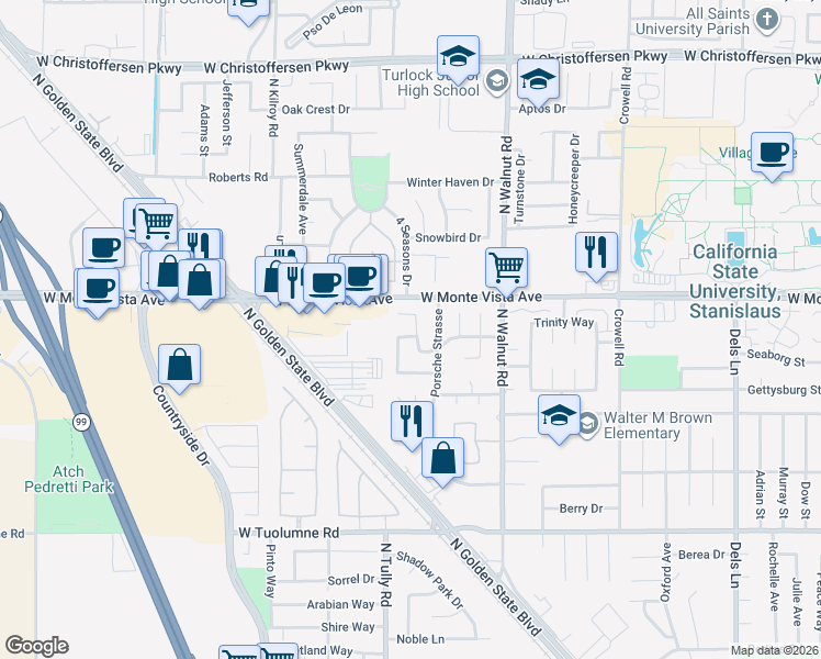 map of restaurants, bars, coffee shops, grocery stores, and more near 1892 Ethan Allen Court in Turlock