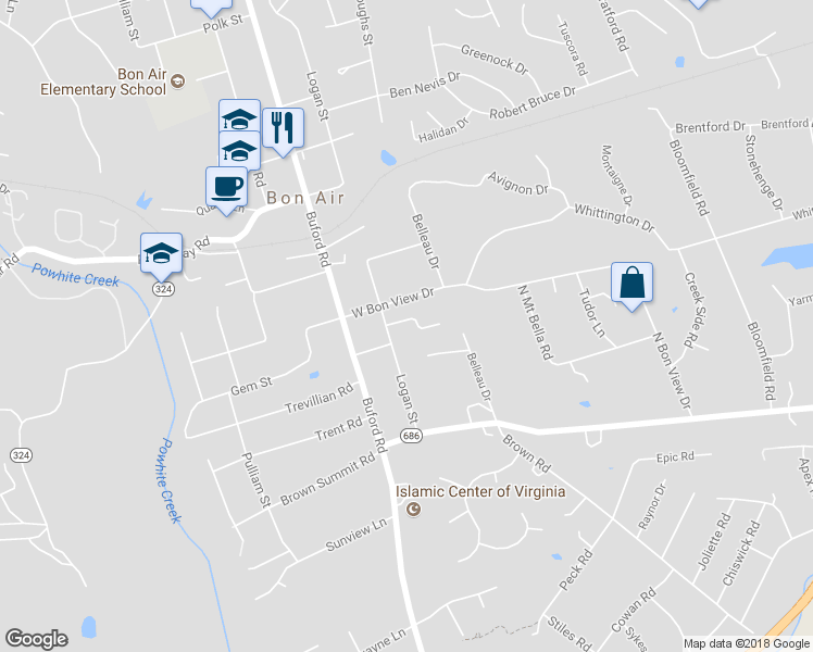 map of restaurants, bars, coffee shops, grocery stores, and more near 1611 Logan Street in Bon Air